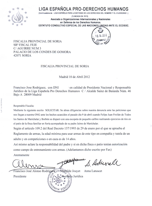 Denuncia de la ONG (Liga Española Pro Derechos Humanos) donde pide a la Fiscalía que abra diligencias para aclarar el accidente con arma de Froilán