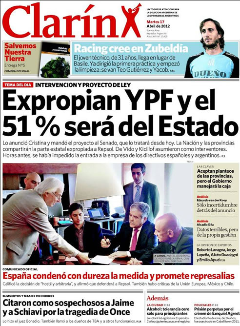 FOTOGALERIA: 'Clarín': Expropian YPF y el 51% será del Estado