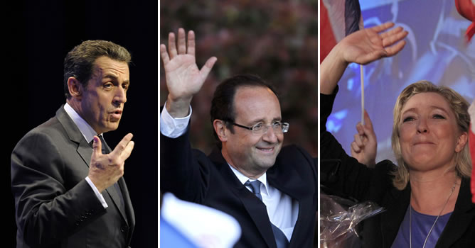 Nicolás Sarkozy, François Hollande y Marine Le Pen son los tres candidatos a las elecciones presidenciales en Francia