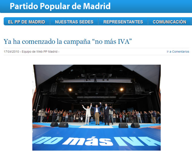 Imagen de la campaña contra el IVA en la página web del PP madrileño