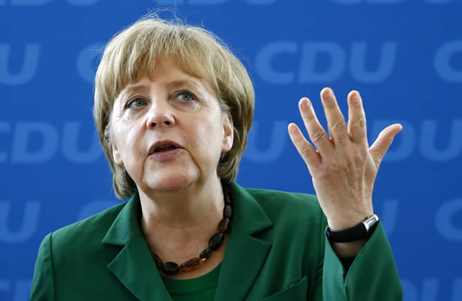 La canciller alemana, Angela Merkel, en una reunión de su partido en Berlín, este 7 de mayo