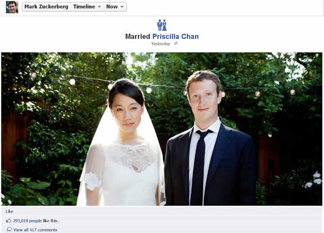 Zuckerberg ha anunciado su boda en su página de Facebook y una hora después la fotografía contaba con 200.000 "me gusta".