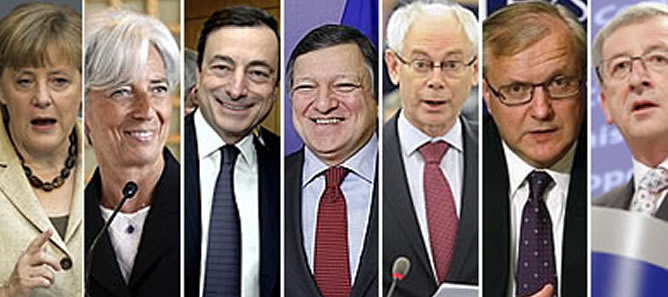 Angela Merkel, Christine Lagarde, Mario Draghi, José Manuel Durao Barroso, Herman van Rompuy, Olli Rehn y Jean-Claude Juncker son los artífices del rescate a la banca española