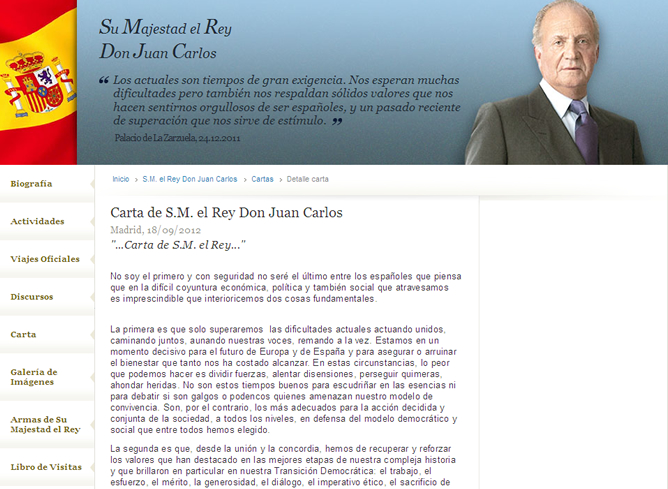 La carta del rey Juan Carlos ha sido publicada en la página web de la Casa Real