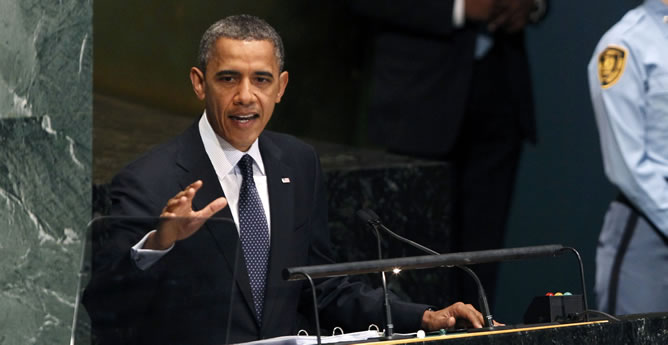 El presidente de Estados Unidos, Barack Obama, pronuncia un discurso durante la inauguración de la 67 sesión de la Asamblea General de Naciones Unidas