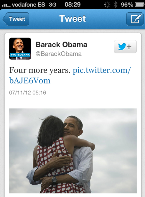 El tuit de la victoria electoral de Obama, el más retuiteado de la historia.