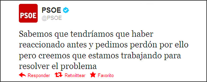 Tuit del PSOE pidiendo perdón por no haber reaccionado antes al problema de los desahucios