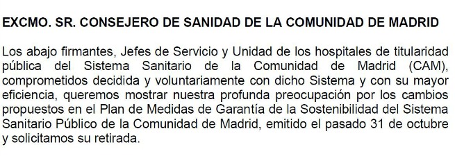 Texto que encabeza la carta remitida al consejero de Sanidad, Javier Fernández-Lasquetty