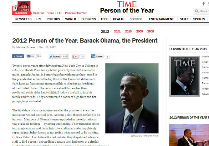 Captura de pantalla de la página web de Time en la que se anuncia que Barack Obama es la persona del año 2012