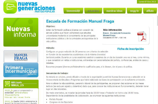Captura de pantalla del sitio web de Nuevas Generaciones en donde se describe el funcionamiento de la Escuela de Formación de Manuel Fraga