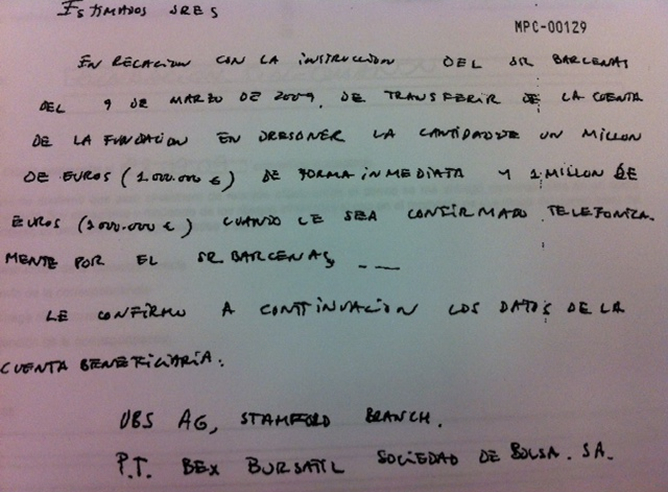 Carta que refleja una orden de Luis Bárcenas para transferir un millón de euros de la Fundación Sinequanon