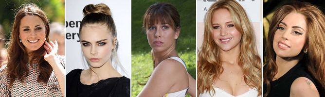 De izquierda a derecha: Kate Middleton, Cara Delevingne, Blanca Suárez, Jennifer Lawrence y Lady Gaga