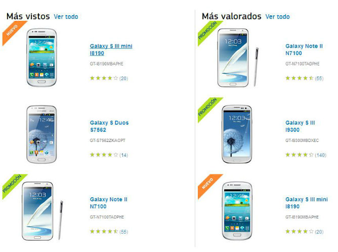 Captura de pantalla de la página web de Samsung en la que se puede ver algunos de los móviles que han triunfado este año