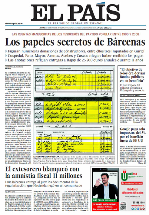 Portada de 'El País' sobre la contabilidad secreta de Bárcenas