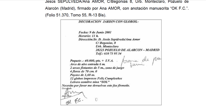 Documento remitido por la Policía al juez del 'caso Gürtel' en el que se apunta que la trama pagó una fiesta infantil a la familia de Ana Mato