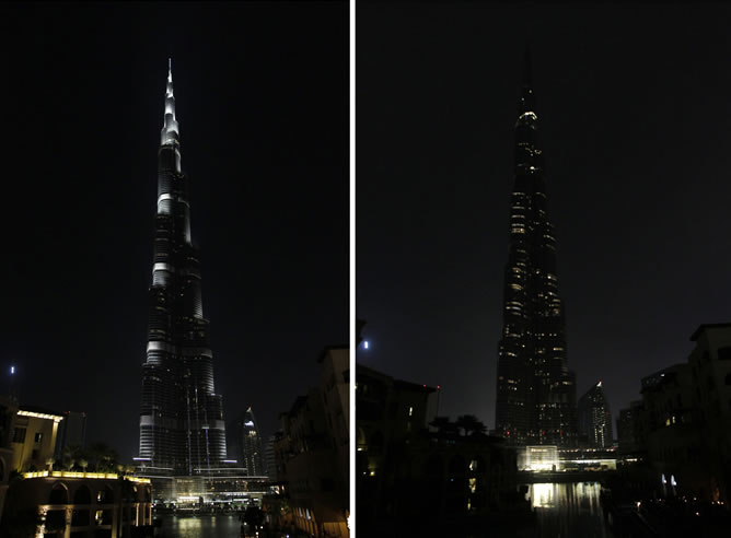 El emblemático edificio Burj Khalifa, antes y durante la Hora del Planeta en Dubai
