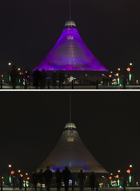 El centro comercial Khan Shatyr, antes y durante la Hora del Planeta en Astaná, capital de Kazajistán