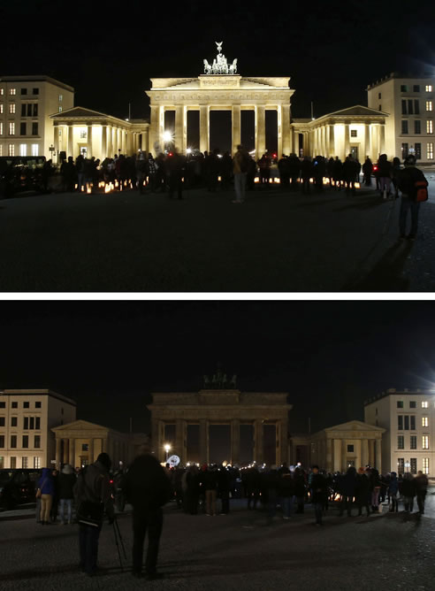 La Puerta de Brandeburgo en Berlín, antes y después de la 'Hora del Planeta'