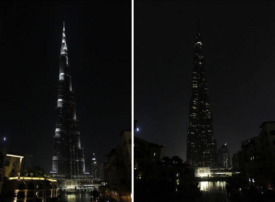 FOTOGALERIA: El emblemático edificio Burj Khalifa, antes y durante la Hora del Planeta en Dubai