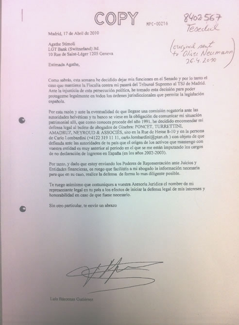 Copia de la carta que Luis Bárcenas envió al banco suizo Dresdner Bank con fecha del 17 de abril de 2010