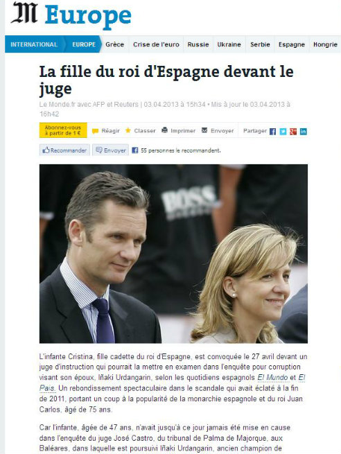 'Le Monde' indica también que la infanta está convocada el 27 de abril en un juzgado de instrucción para declarar