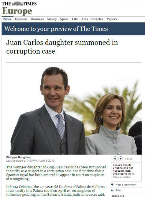 'The Times' dice en el cuerpo de su noticia digital que es la primera vez que un miembro de la familia real española recibe la orden de comparecer ante un tribunal