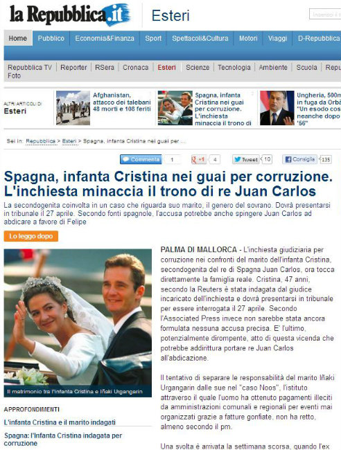 'La Repubblica' también dice que "la investigación pone en peligro el trono del rey Juan Carlos"