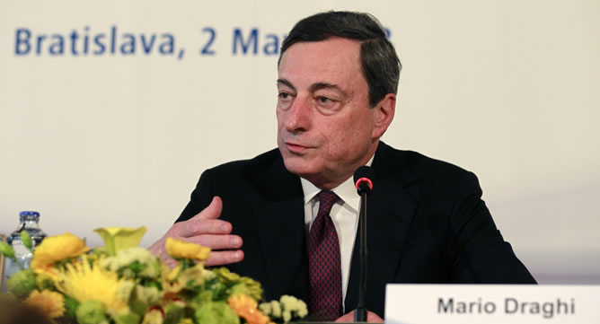 El presidente del Banco Central Europeo (BCE), Mario Draghi, en la rueda de prensa tras la reunión del consejo de gobierno en Bratislava
