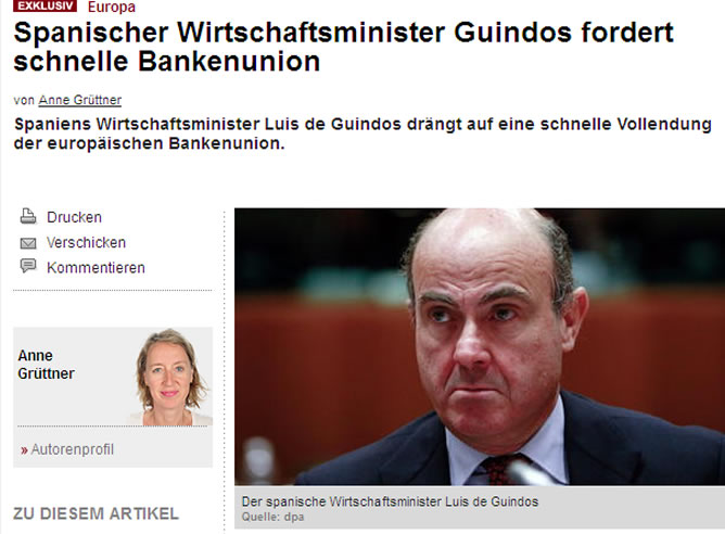 Captura de pantalla de la entrevista al ministro Luis de Guindos publicada por la revista alemana 'Wirtschaftswoche'