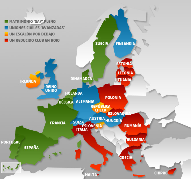 Mapa que muestra la legislación sobre matrimonio gay que existe en los países de la Unión Europea en la actualidad