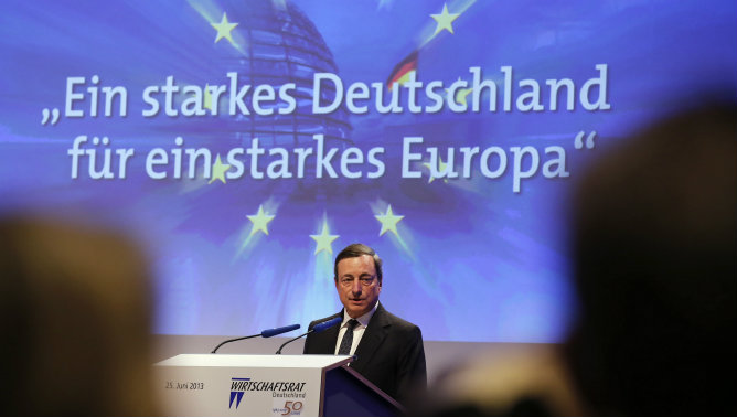 Mario Draghi, el presidente del BCE, durante su discurso en una conferencia económica en Berlín