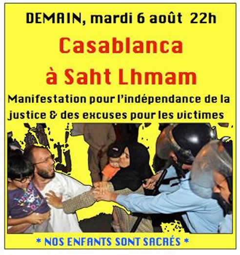Cartel que informa de la celebración de una manifestación para la noche del 6 de agosto en las calles de Rabat para protestar por el indulto del pedeasta español