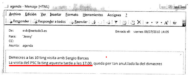 Pantallazo del correo que la detective Elisenda Villena envía a su recepcionista de Método 3 para avisar que tendrá una visita del PSC