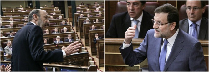 Rubalcaba y Rajoy durante la sesión de control al Gobierno