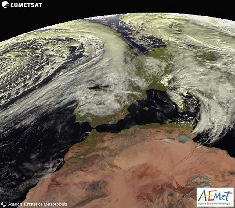 Imagen tomada por el satélite Meteosat para la Agencia Estatal de Meteorología que prevé precipitaciones persistentes en el oeste de Galicia
