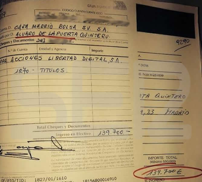 Orden de compra de las acciones por el mismo importe y fecha que figura en los 'papeles de Bárcenas' supuestamente firmada por Álvaro Lapuerta