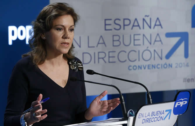 La secretaria general del PP, María Dolores de Cospedal, durante la rueda de prensa para presentar la convención que el PP