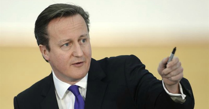 David Cameron, durante el discurso sobre el futuro de Escocia ofrecido hoy en el velódromo del Parque Olímpico de Londres (Reino Unido)