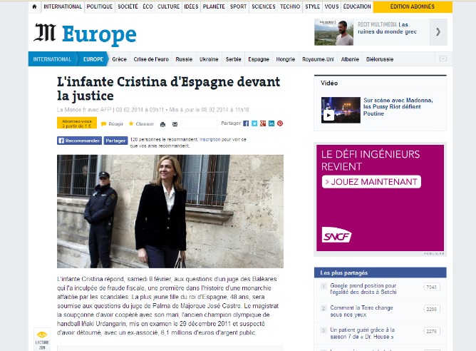 El diario francés 'Le Monde' recoge la declaración de la infanta Cristina