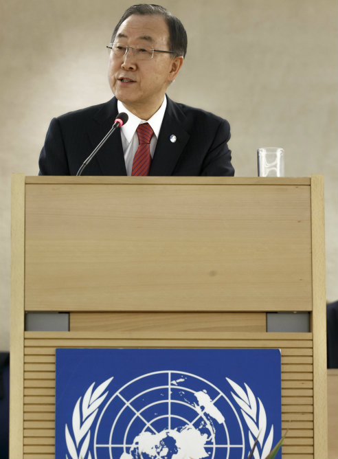 El secretario general de la ONU, Ban Ki moon, durante su discurso en el Consejo de Derechos Humanos de la ONU, celebrado en Ginebra