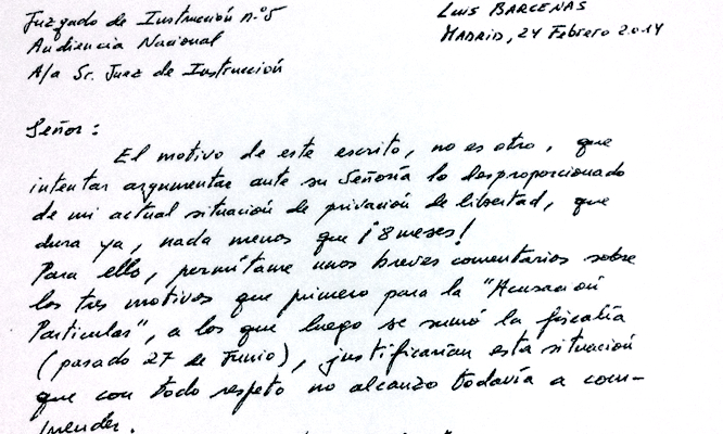 Carta de Luis Bárcenas al juiez Ruz a la que ha tenido acceso la Cadena SER