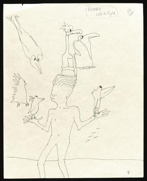 Imagen facilitada por Sotheby's de la obra "Untitled illustration of a boy with six birds" que forma parte de la colección de manuscritos y dibujos satíricos en tinta del compositor John Lennon