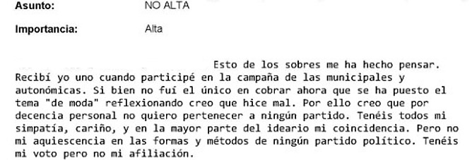 El exmilitante del PP que ha reconocido ante notario haber recibió un sobré con dinero en metálico envió este correo electrónico a una diputada, a un senador y al alcalde de Salamanca