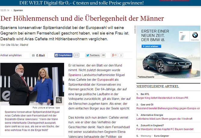 Captura de pantalla del dirario alemán 'Die Welt' que dedica un artículo a Cañete con el título "El cavernícola y la superioridad del hombre"