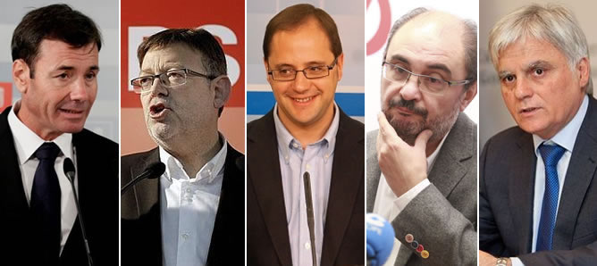 Los barones socialistas Tomás Gómez (Madrid), Ximo Puig (Valencia), César Luena (La Rioja), Javier Lambán (Aragón) y José Miguel Pérez (Canarias)