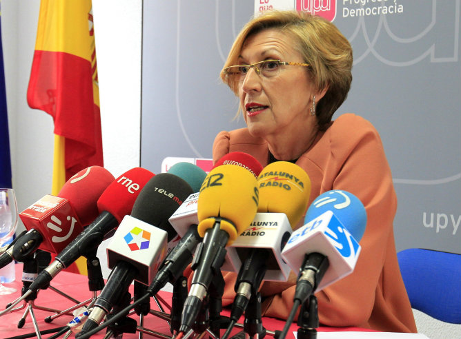 La líder y portavoz nacional de UPyD, Rosa Díez, en una comparecencia este lunes en la sede de la formación en Bilbao