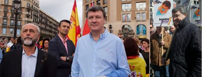 López Diéguez en el acto del 12 de octubre de 2012 en Barcelona, junto a su cuñado, el general  Blas Piñar Gutiérrez (hijo del líder  de Fuerza Nueva)  que fue sancionado en  2009 por calificar al Ejército de institución "sumisa". A la derecha, López Diéguez el pasado 23 de marzo en Madrid  rodeado por pancartas de su partido durante una marcha antiabortista
