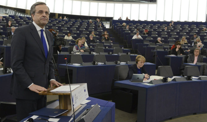 El primer ministro de Grecia, Antonis Samarás, comparece el 15 de enero ante el Parlamento Europeo con motivo de la presidencia griega, en Estrasburgo (Imagen de archivo)