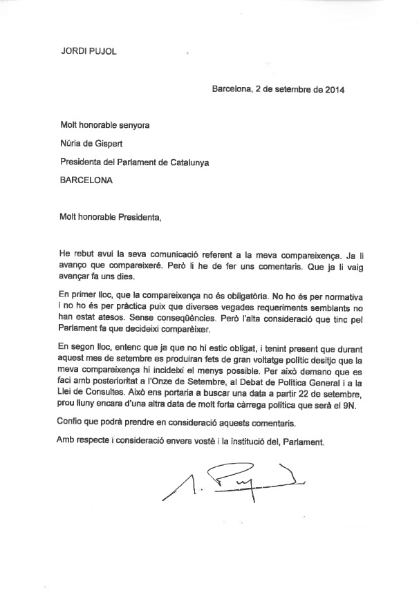 Carta de Jordi Pujol on anuncia que compareixerà al Parlament