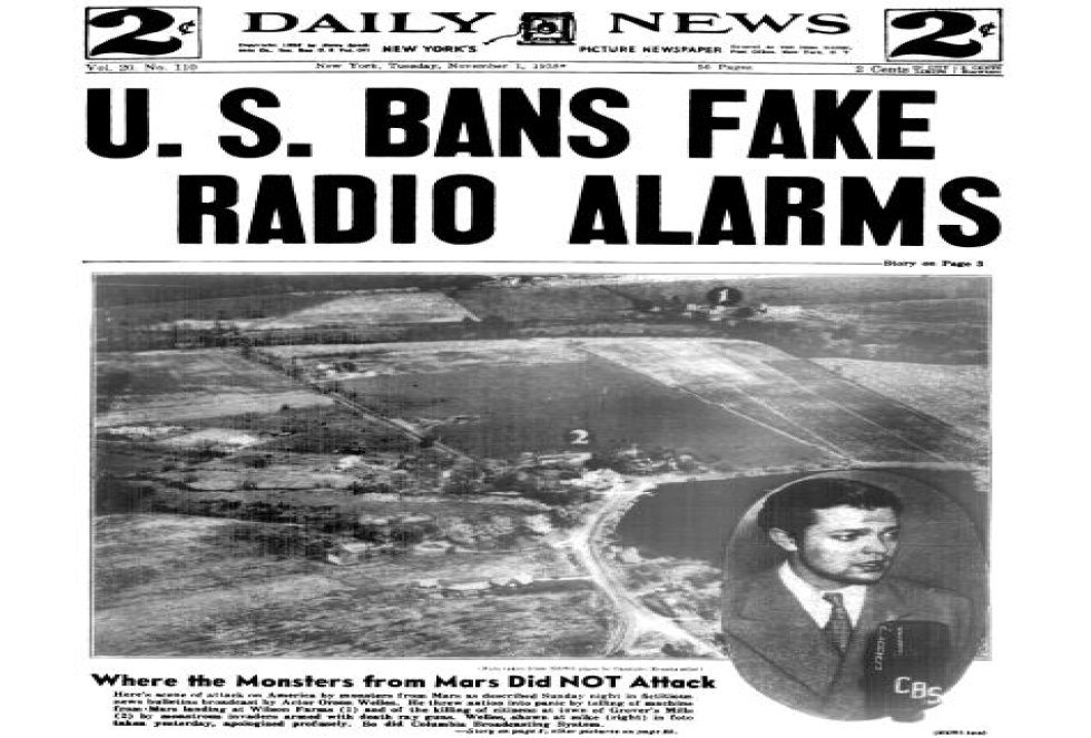 Portada del diario Daily News donde se informa de la falsa alarma generada por Orson Welles Portada del diario Daily News donde se informa de la falsa alarma generada por Orson Welles